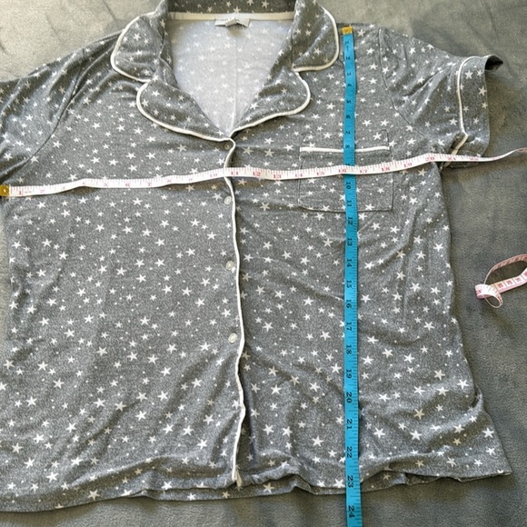 Roudelain Grey Buttonup Collared Star Print Piped Edges Shorts Pajama Set L - Picture 5 of 10